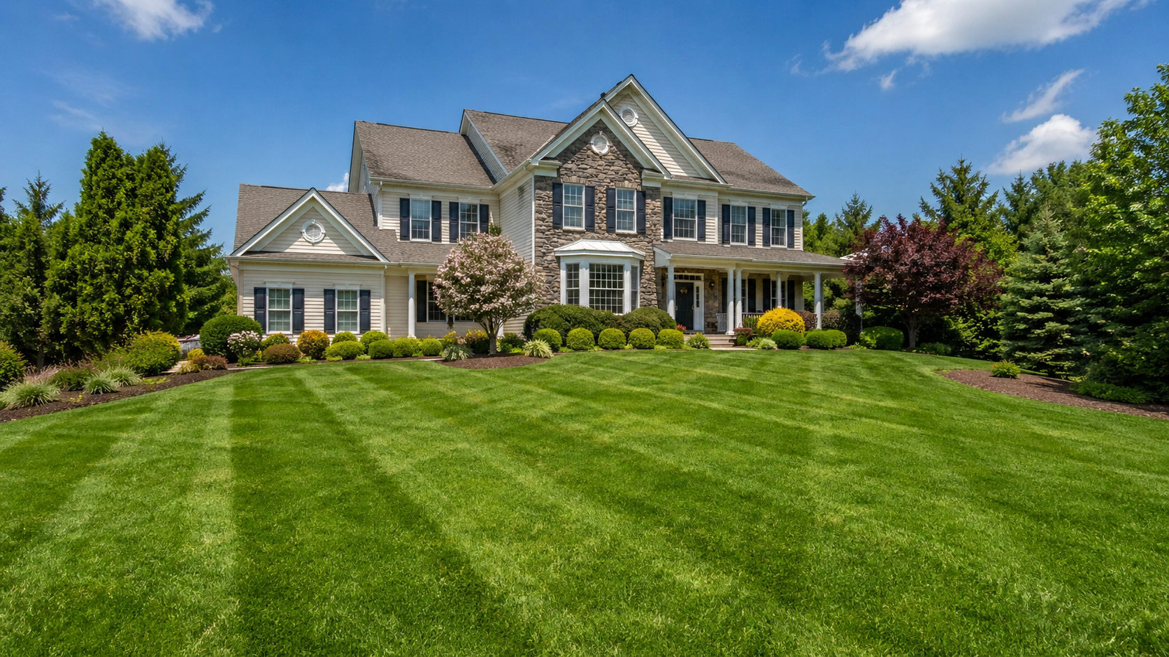 Freshly mowed lawn with clean diagonal stripes in front of a charming home